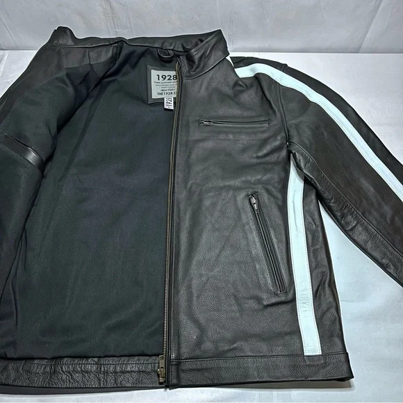 *CUSTOM* Mens Black Cafe Racer Leather Jacket With White Stripes Size L - Picture 5 of 15